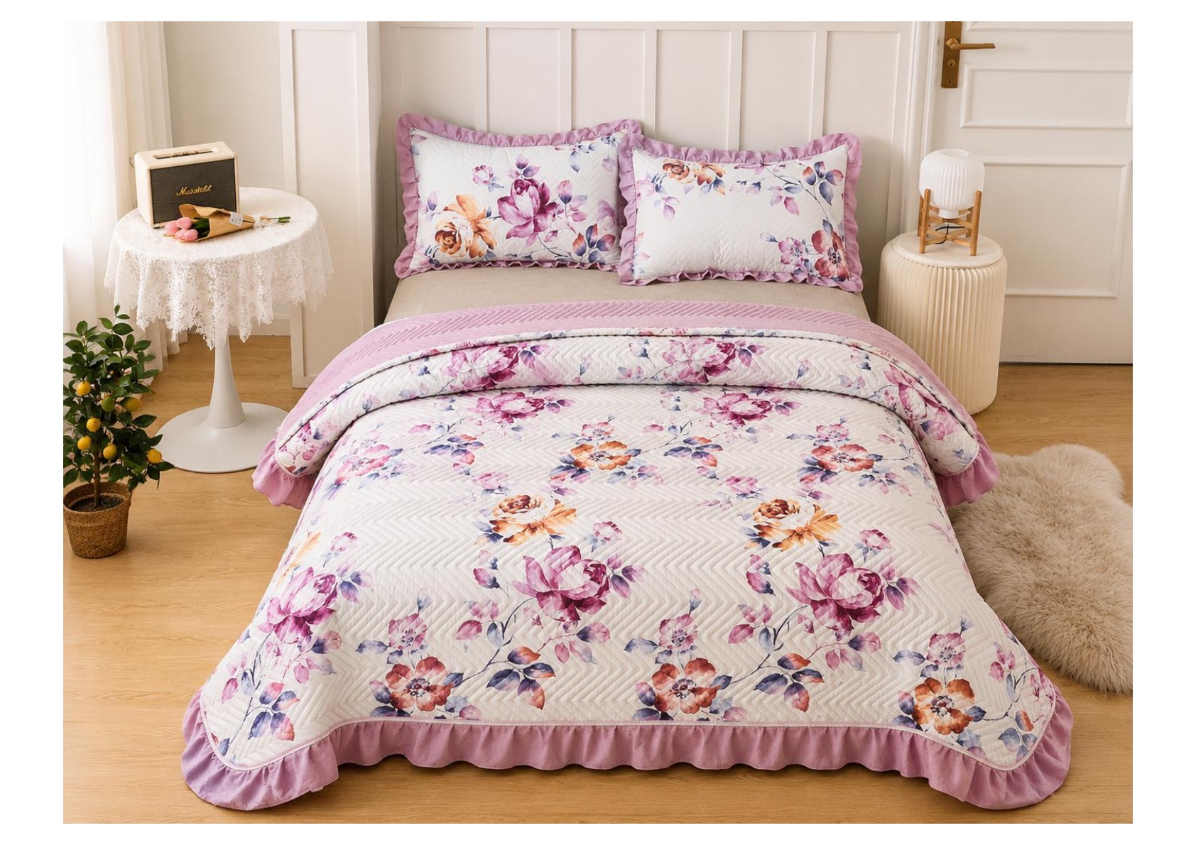 Viaan Collection Pink Rose Garden Bed Cover Set