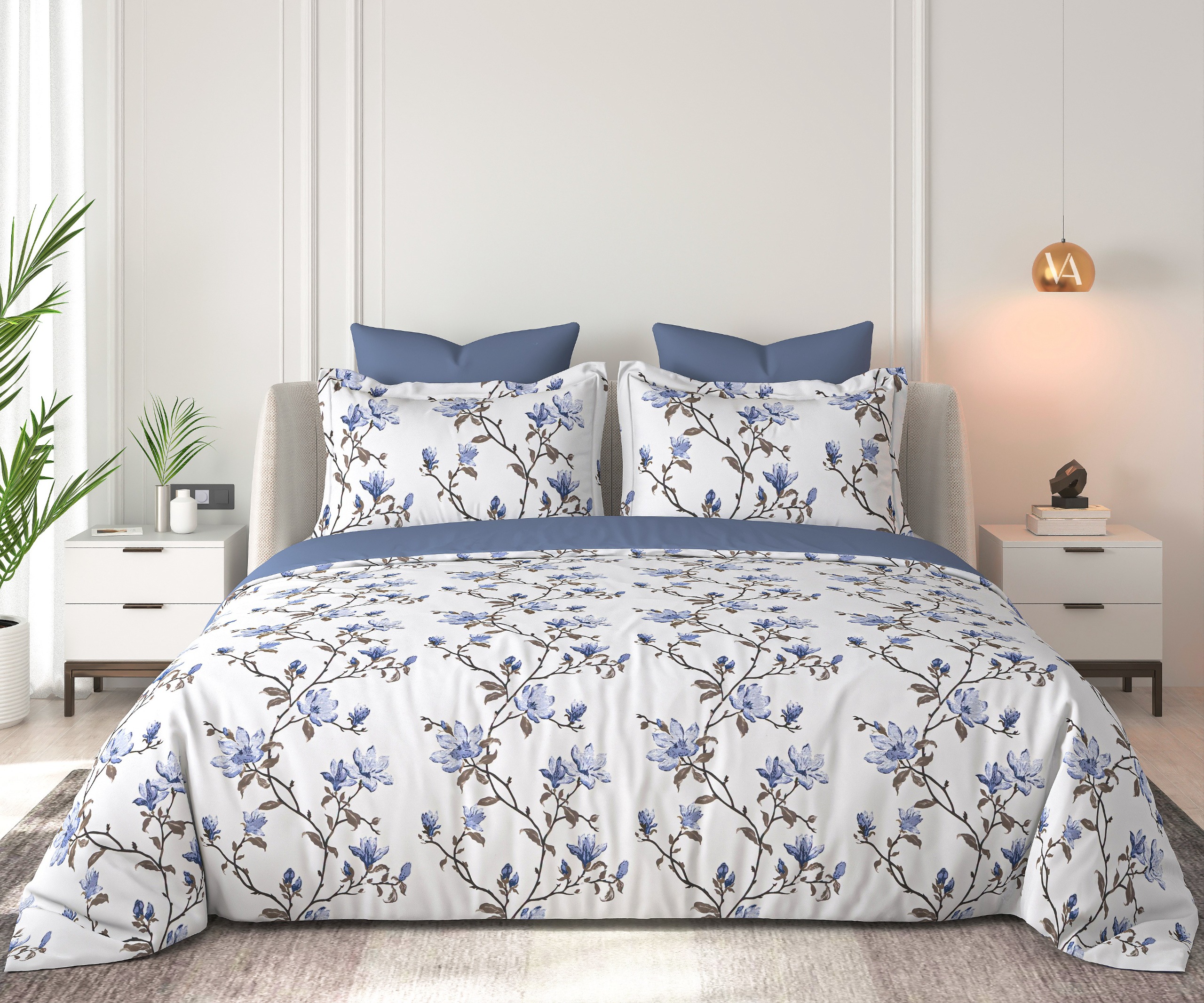 Floral Bliss Ivory Cobalt Blue Magnolia Branch Cotton King-Size Bedsheet Set