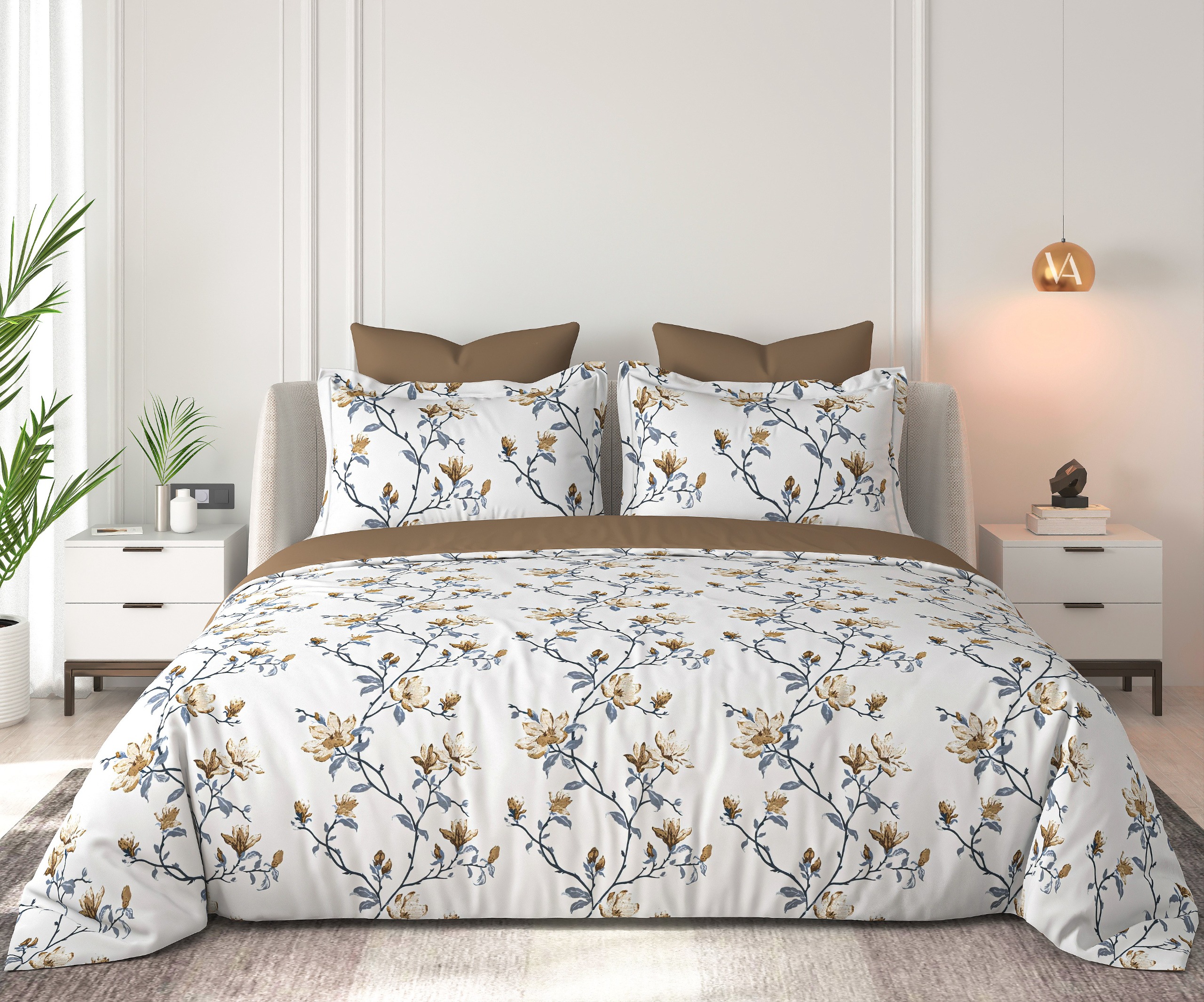 Floral Bliss Ivory Ochre Blossom Vine Cotton King-Size Bedsheet Set