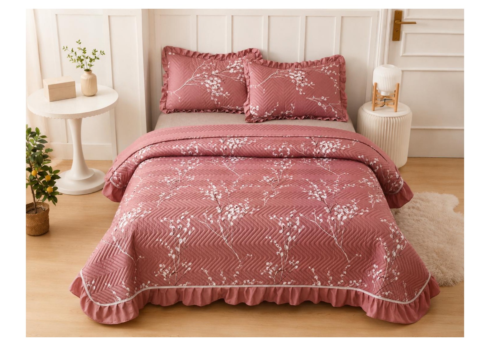 Viaan Collection Coral Pink Blossom Bed Cover Set