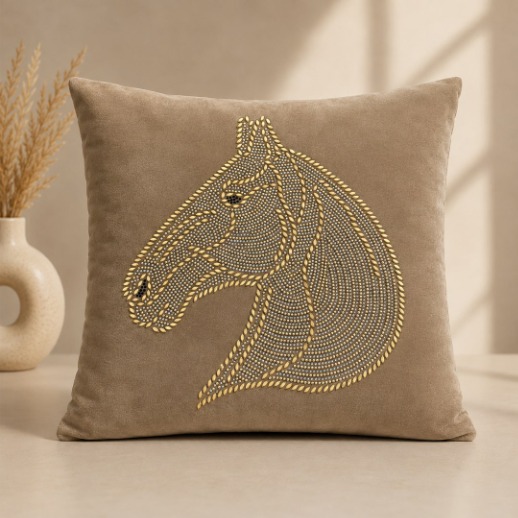 Embroidered Horse Cushion - Beige thumbnail