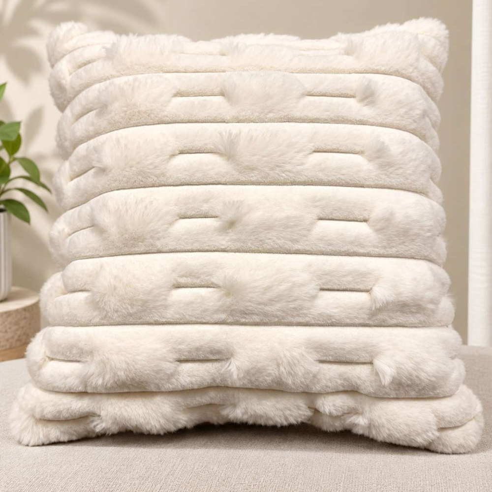 Luxury Plush Stripe Fur Cushion Cover - Ivory thumbnail