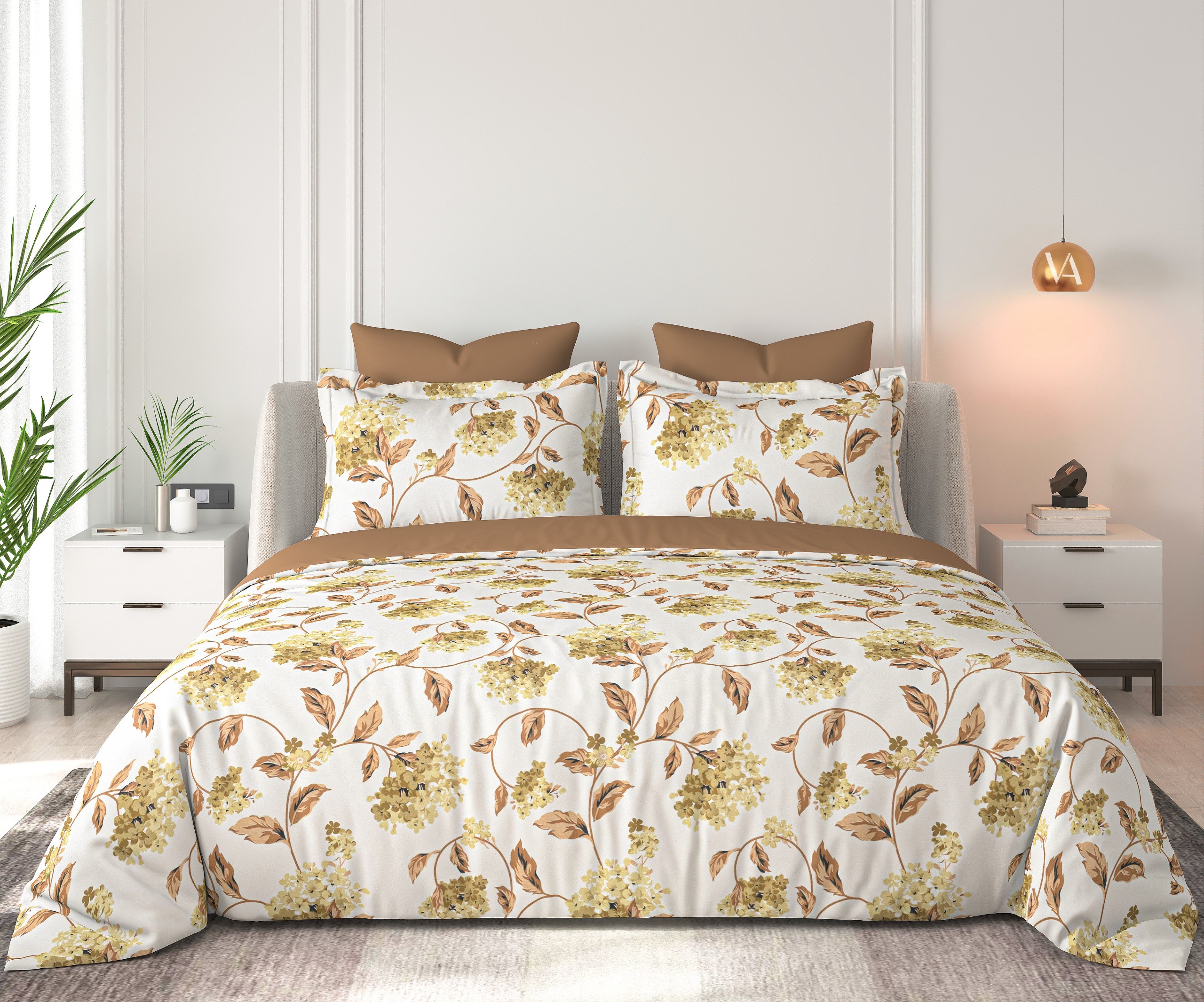 Floral Bliss Ivory Golden Hydrangea Vine Cotton King-Size Bedsheet Set