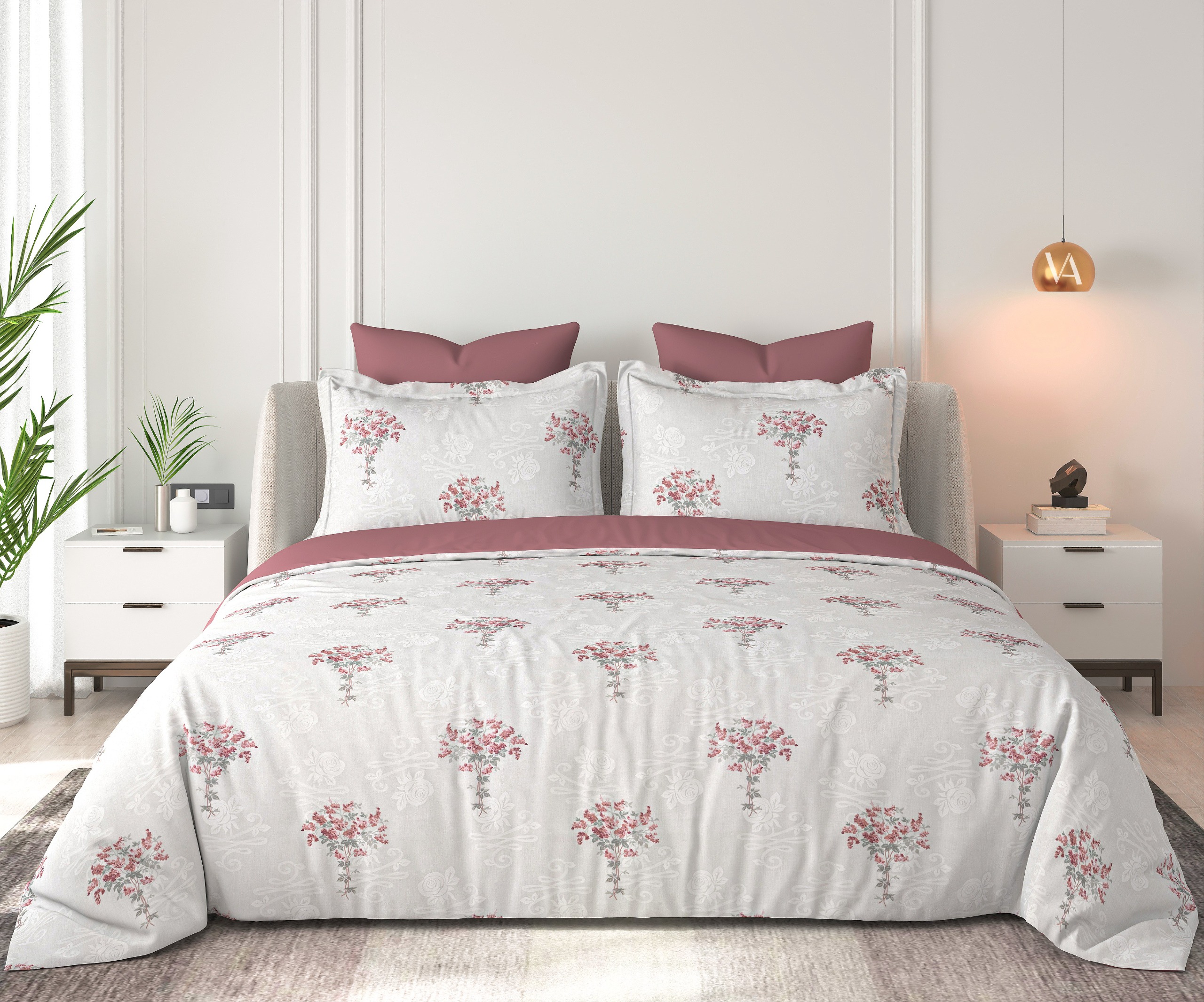 Floral Bliss Ivory Blush Pink Floral Cotton King-Size Bedsheet Set
