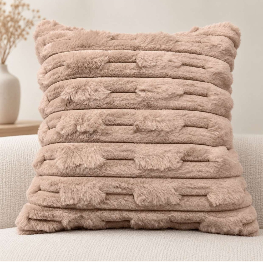 Luxury Plush Stripe Fur Cushion Cover - Beige thumbnail