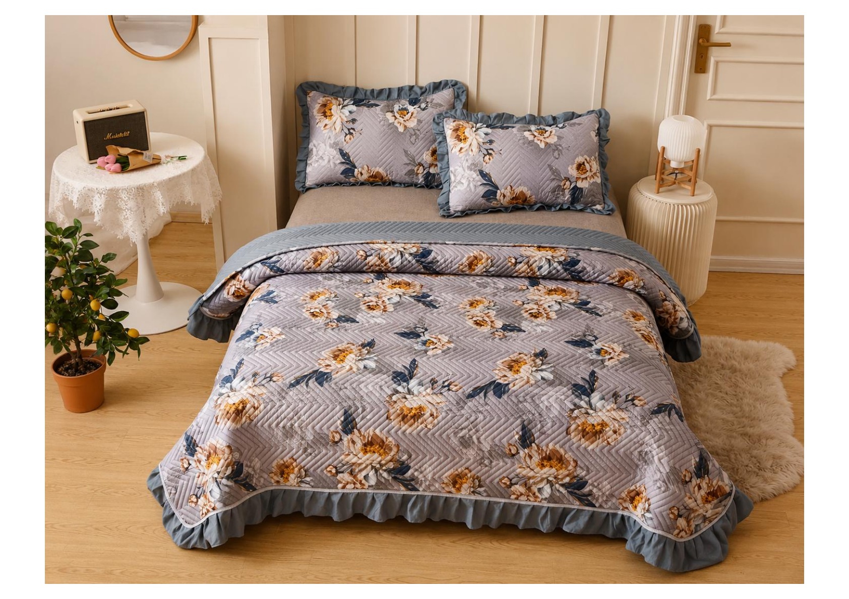 Viaan Collection Grey Golden Floral Bed Cover Set