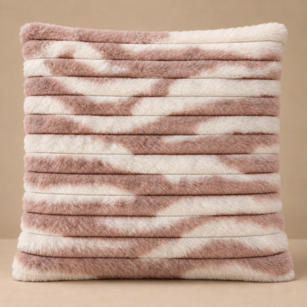 Luxury Plush Stripe Fur Cushion Cover - Beige & White thumbnail