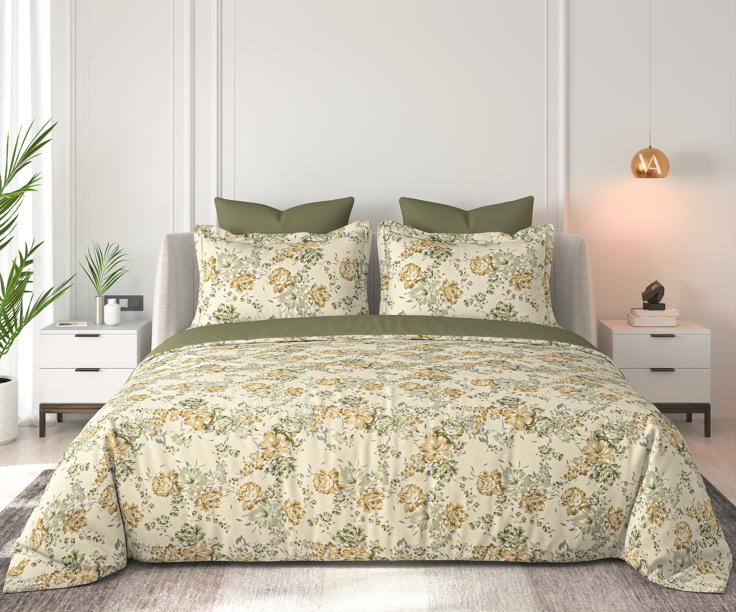 Floral Bliss Ivory Olive Antique Gold Rose Garden Cotton King-Size Bedsheet Set