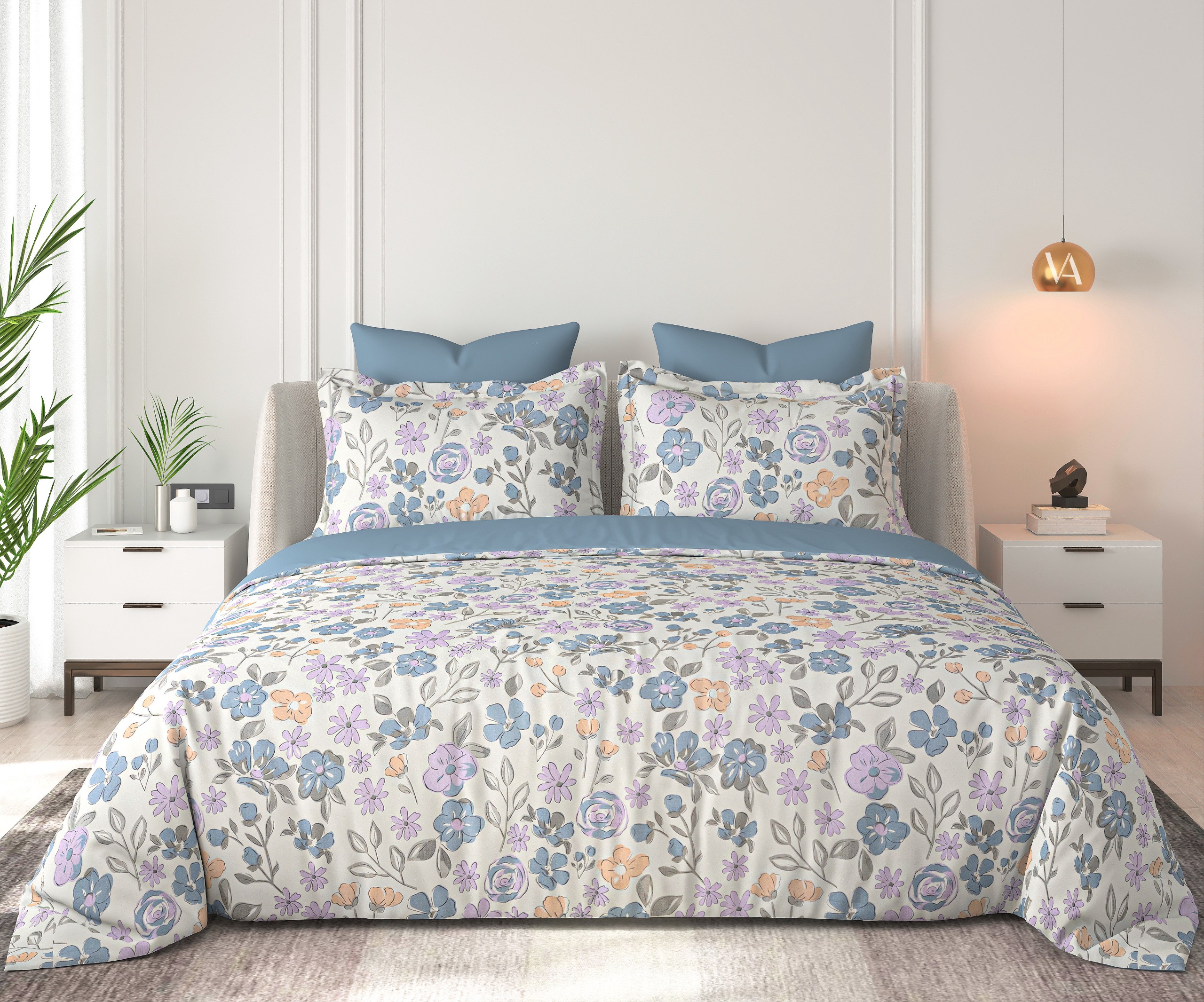 Floral Bliss Ivory Dusty Blue Lavender Garden Cotton King-Size Bedsheet Set
