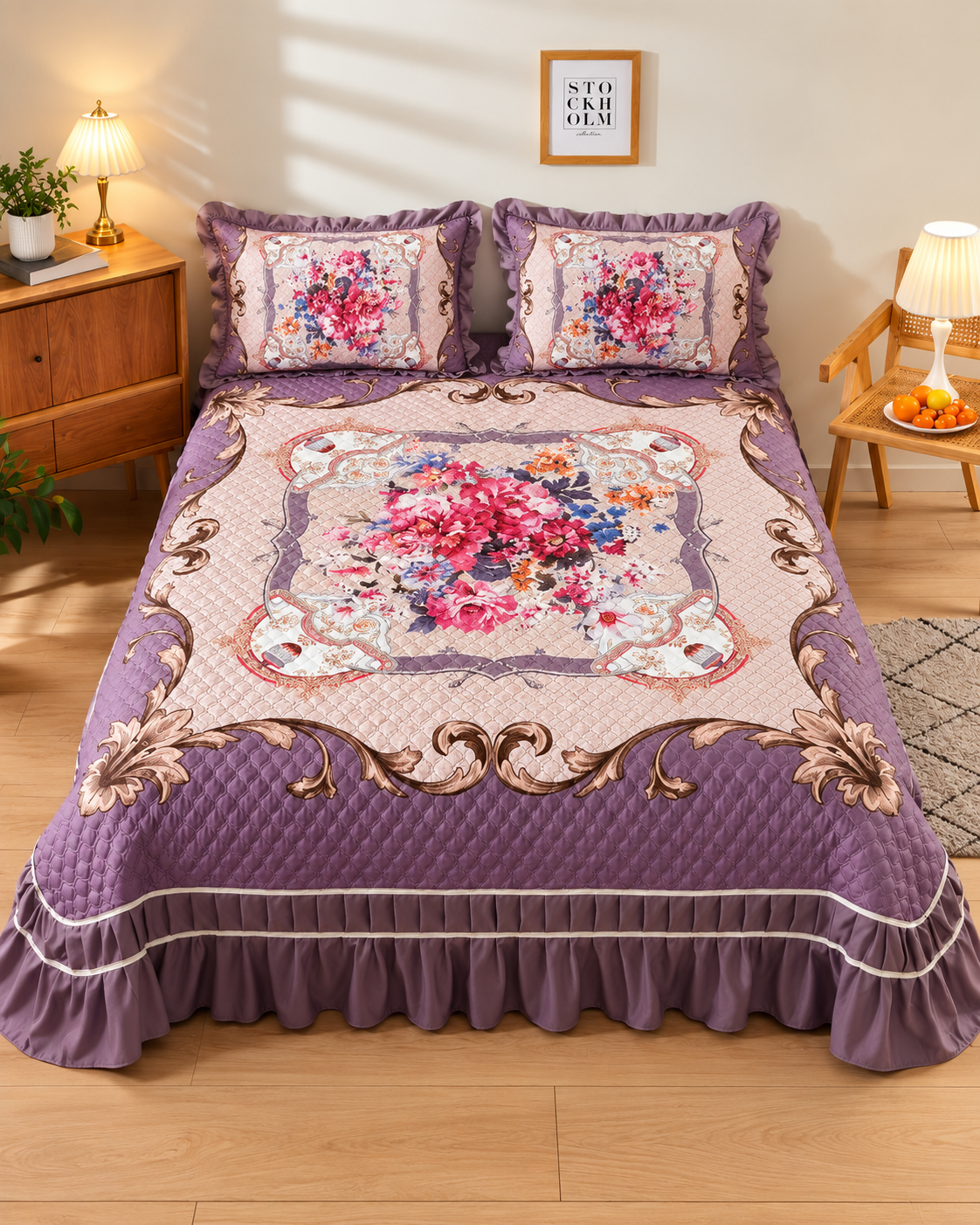 Purple & Pink Printed Bed Cover