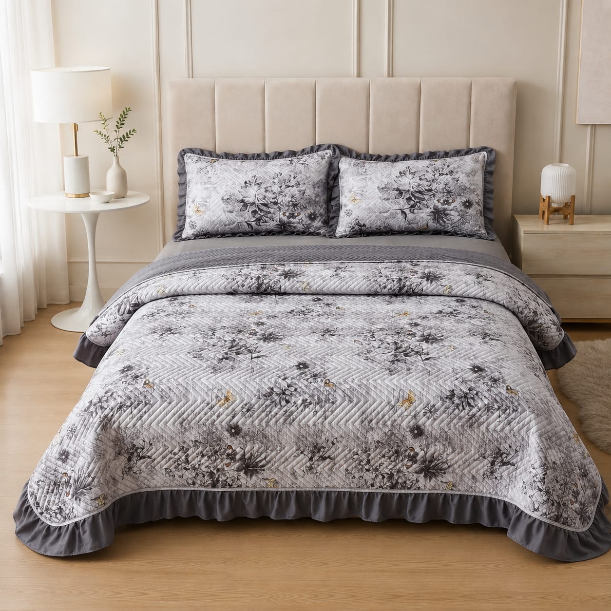 Silver Grey Charcoal Botanical Quilted Ruffle Bed Cover Set