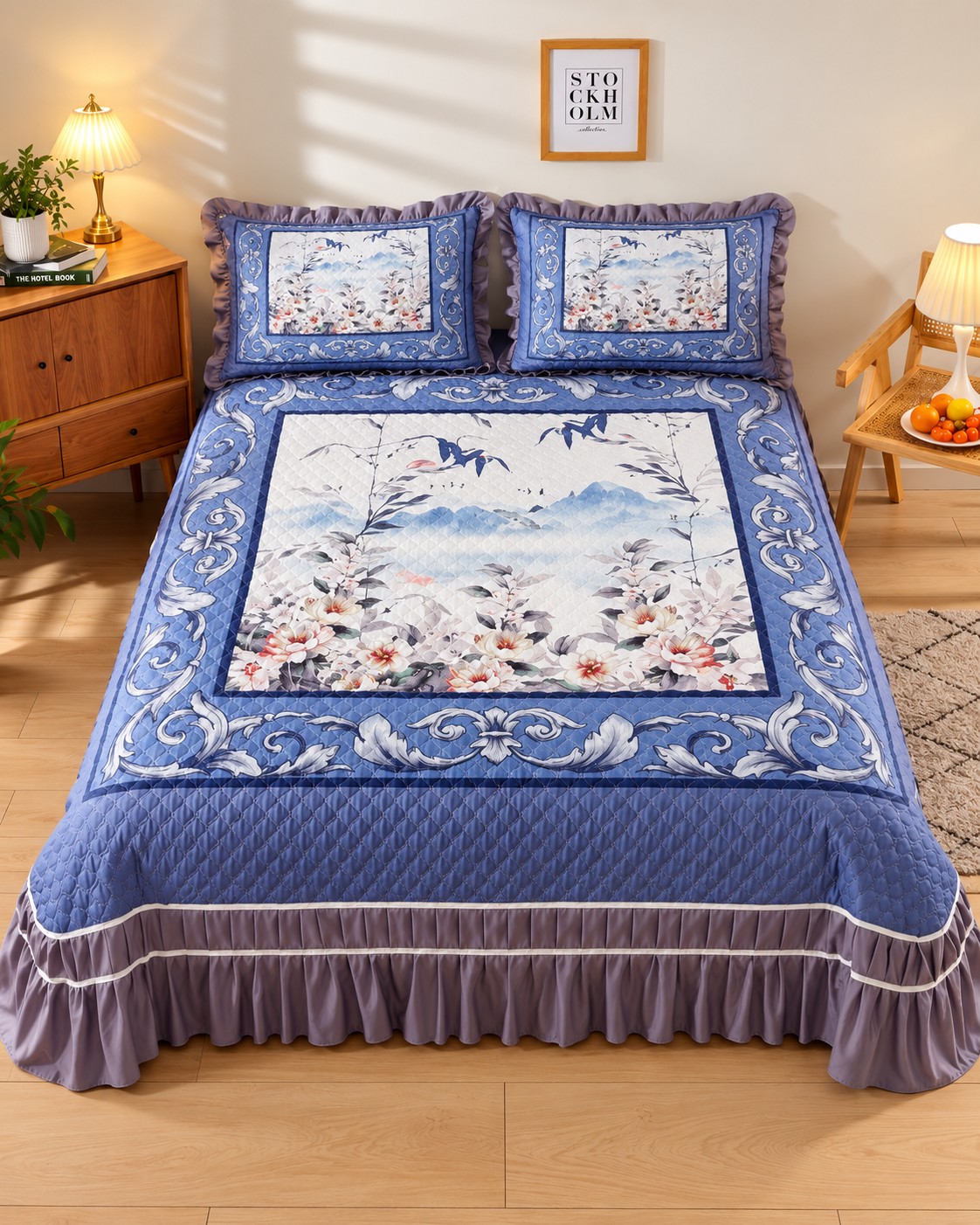 Blue & White Printed Bed Cover