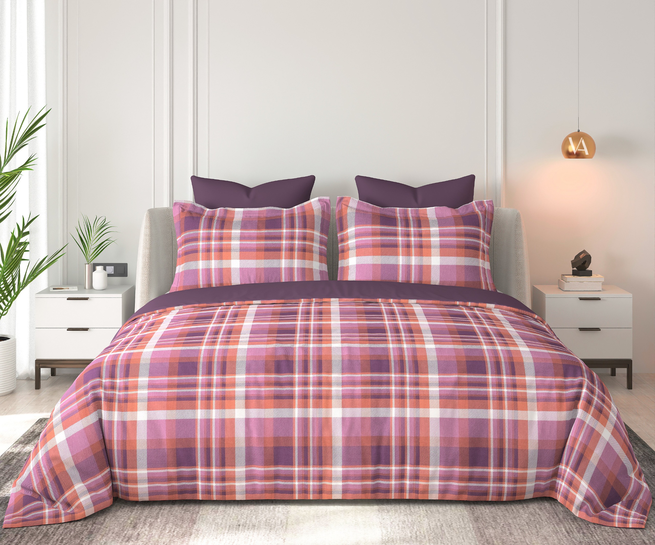 Floral Bliss Coral Pink and Plum Classic Check Cotton King-Size Bedsheet Set