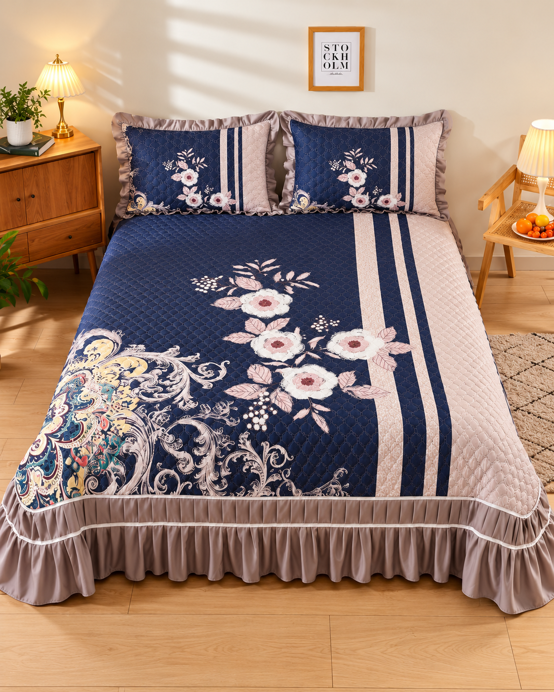 Navy Blue & Pink Printed Bed Cover