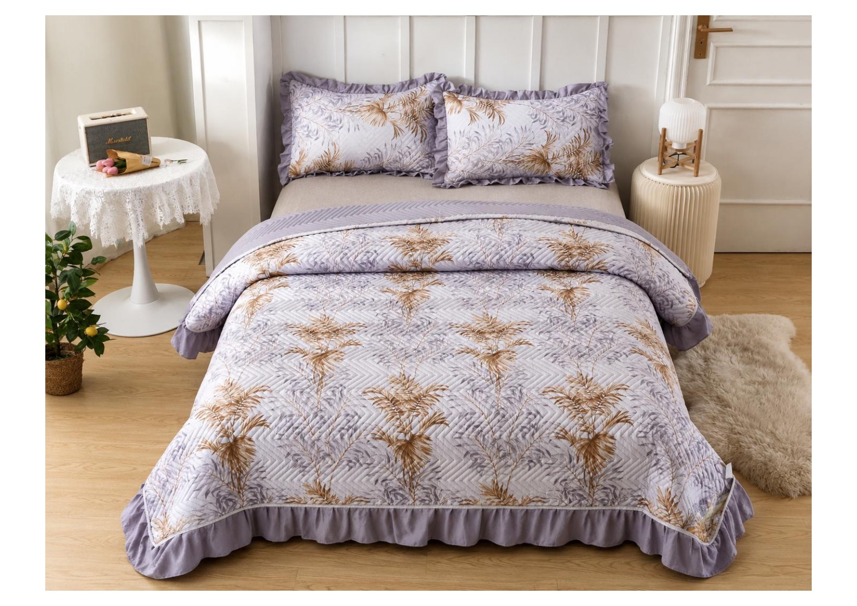 Viaan Collection Lilac Palm Leaf Bed Cover Set