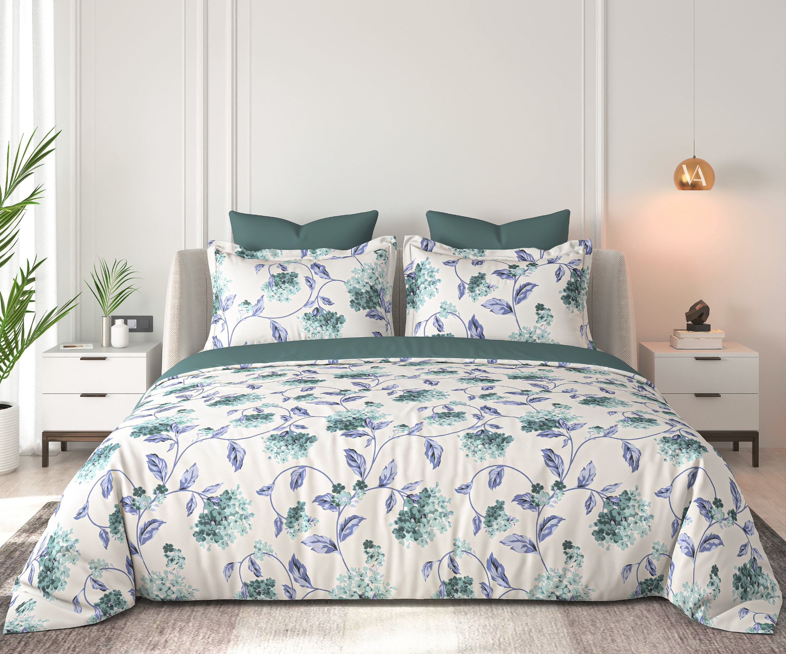 Floral Bliss Ivory Teal Hydrangea Vine Cotton King-Size Bedsheet Set
