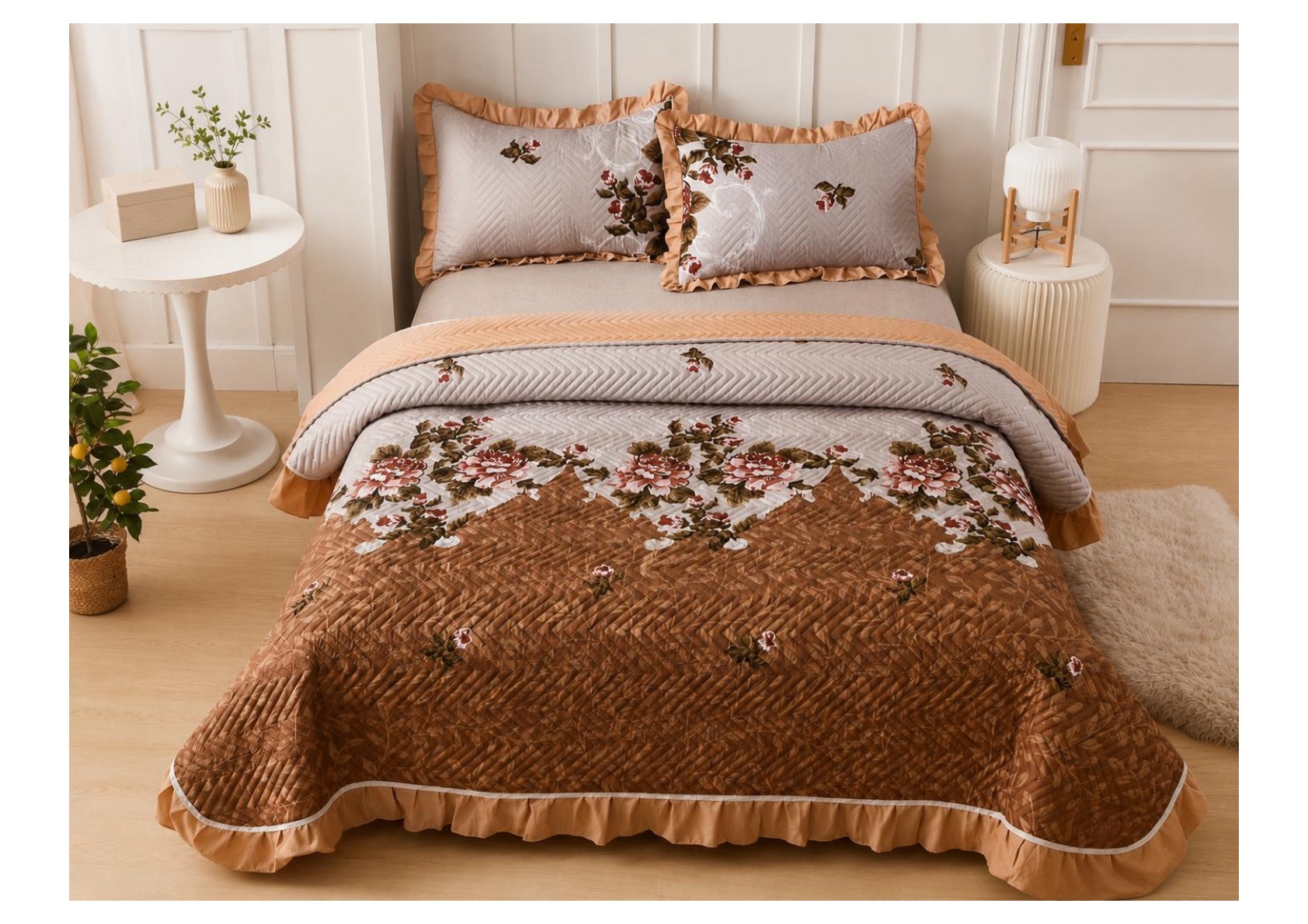 Viaan Collection Mocha Rose Bed Cover Set