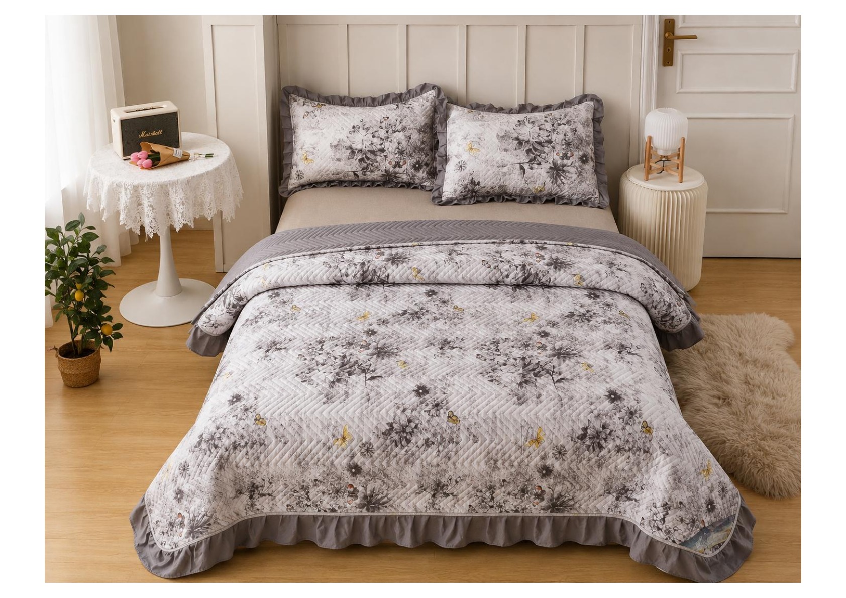 Viaan Collection Silver Grey Botanical Bed Cover Set