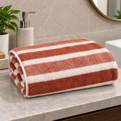 Premium Striped Bath & Hand Towel Set – Terracotta & White