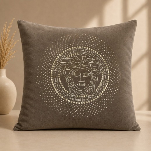 Luxury Medusa Stonework Velvet Cushion Cover - Brown