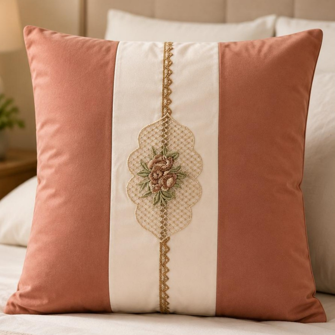 Floral Lattice Embroidered Pillow Cover - Dusty Peach thumbnail