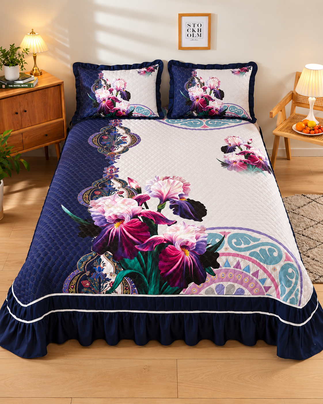 Navy Blue & White Printed Bed Cover