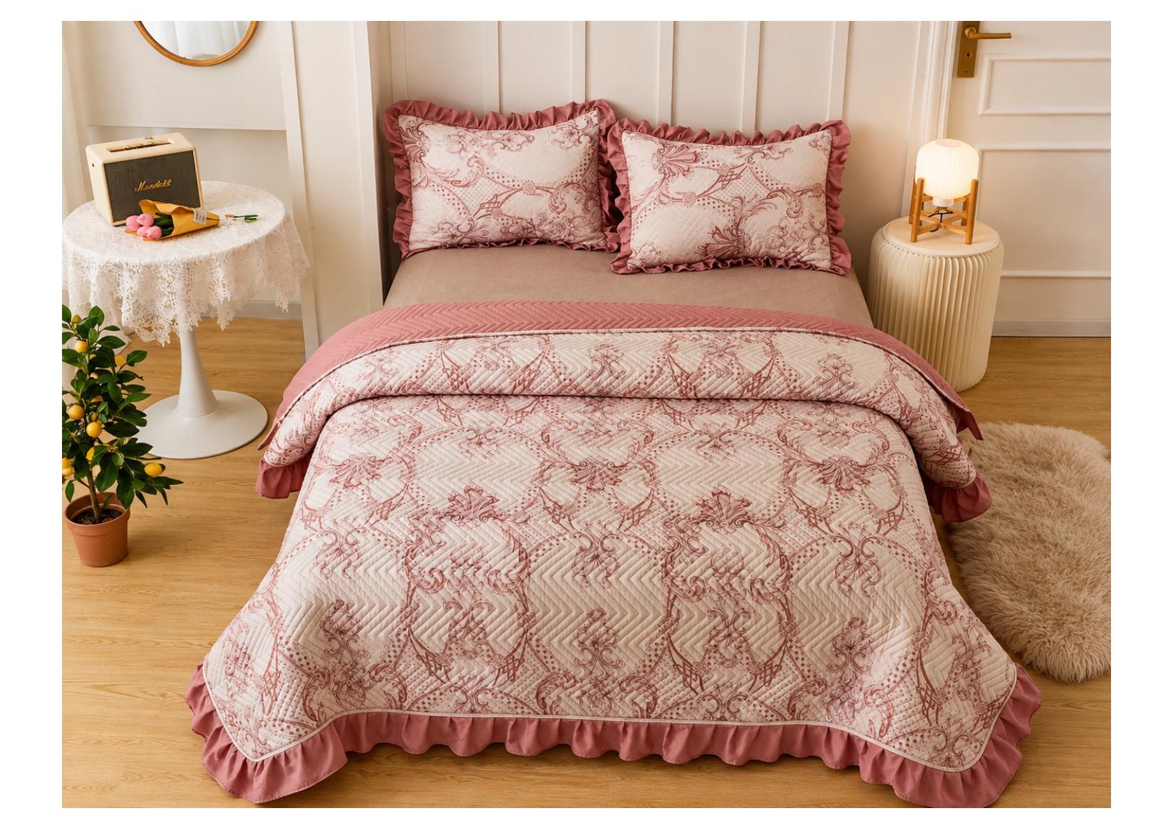 Viaan Collection Dusty Rose Damask Bed Cover Set