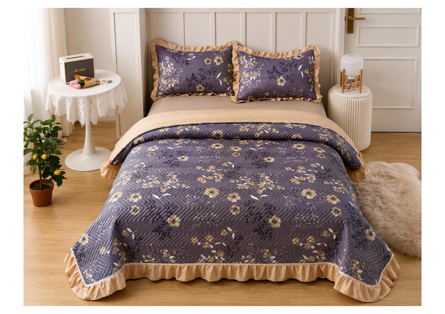 Viaan Collection Charcoal Floral Bed Cover Set