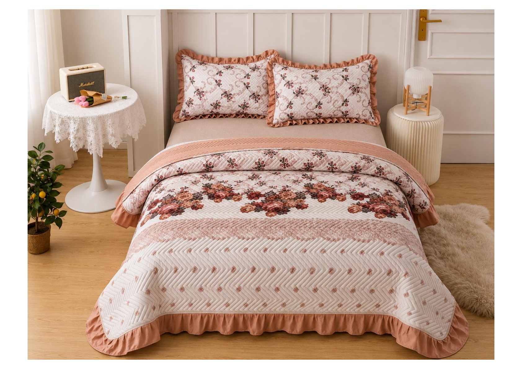 Viaan Collection Peach Rose Border Bed Cover Set