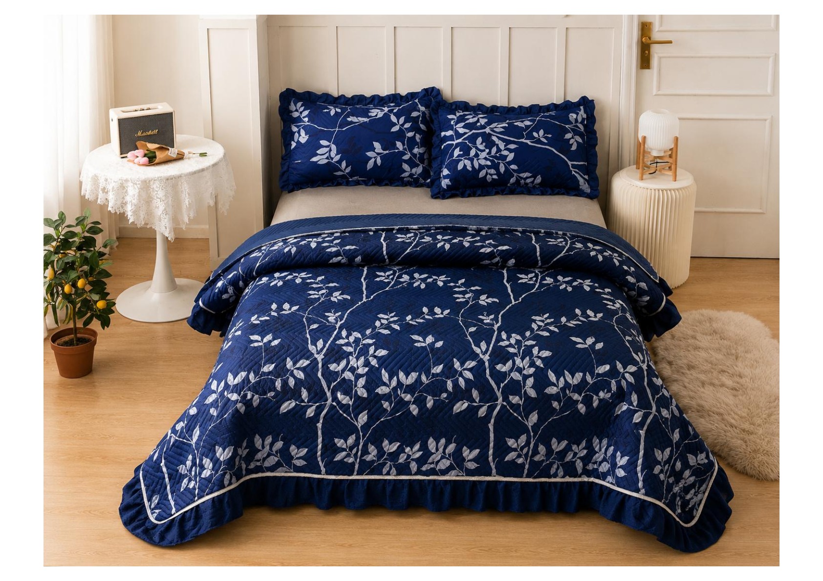 Viaan Collection Navy Blue Leaf Bed Cover Set