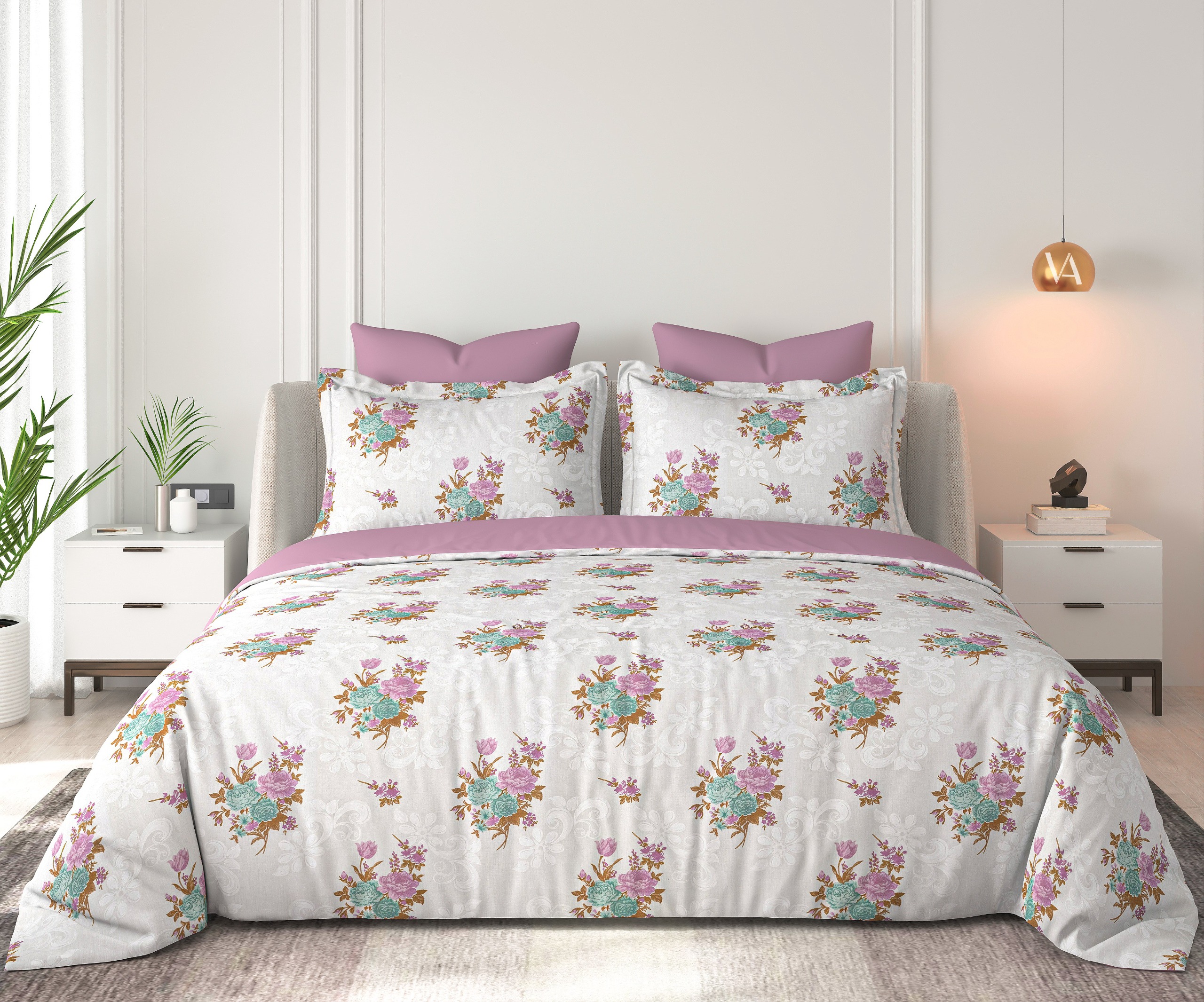 Floral Bliss Ivory Rose Pink and Aqua Bouquet Cotton King-Size Bedsheet Set