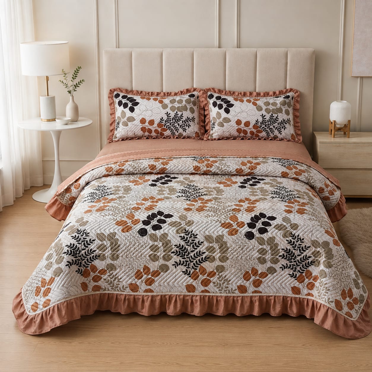 Ivory Terracotta Autumn Leaf Quilted Ruffle Bed Cover Set