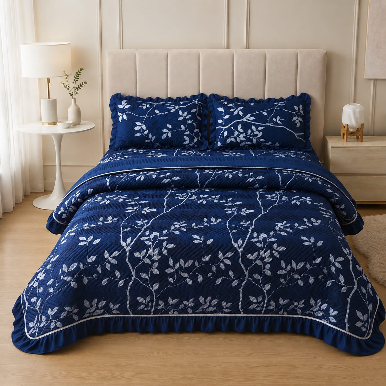 Navy Blue Silver Leaf Quilted Ruffle Bed Cover Set
