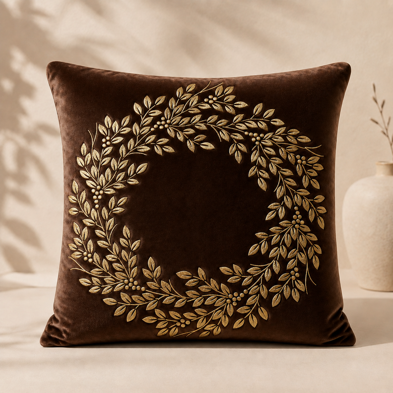 Gilded Botanical Motif Cushion Cover - Chocolate Brown