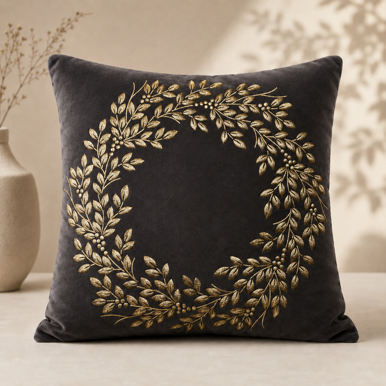 Gilded Botanical Motif Cushion Cover - Charcoal Grey