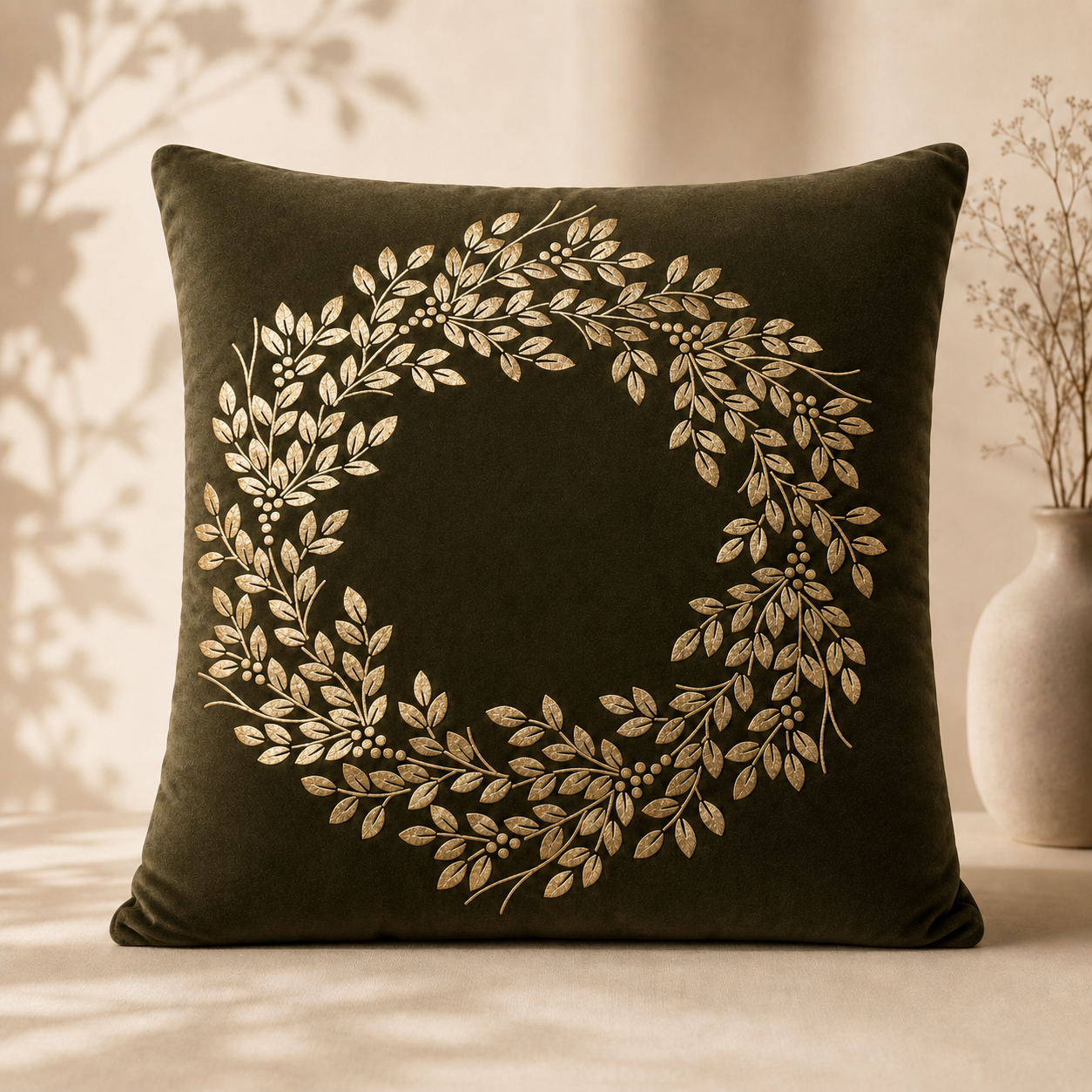 Gilded Leaf Garland Decorative Cushion Cover - Olive Green