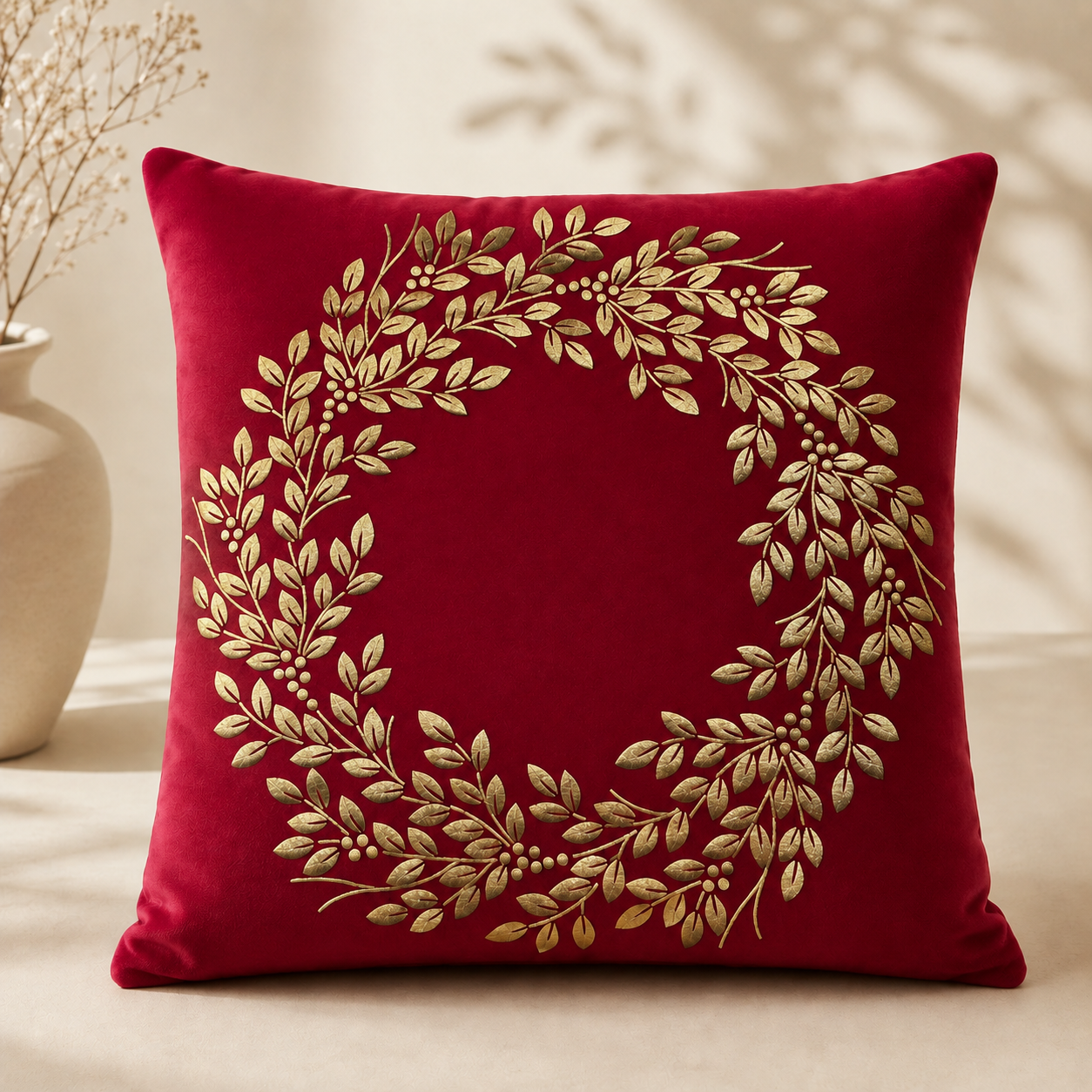 Golden Botanical Wreath Cushion Cover - Maroon