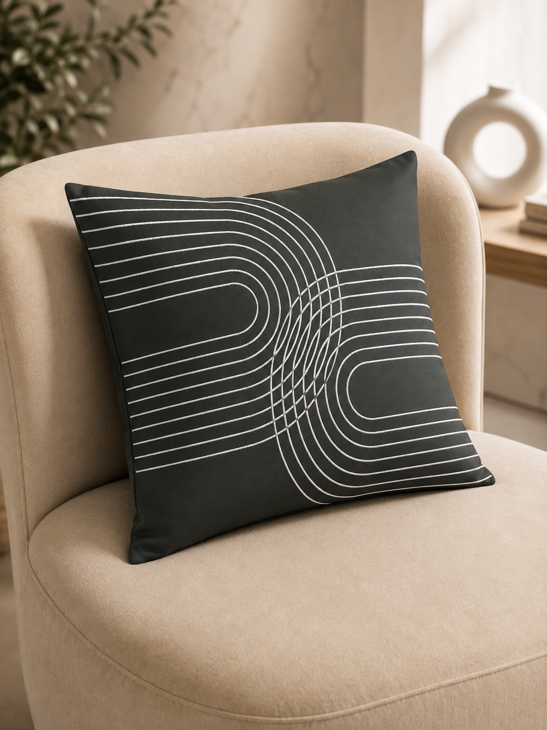 Curved Motif Embroidered Cushion Cover - Charcoal Grey