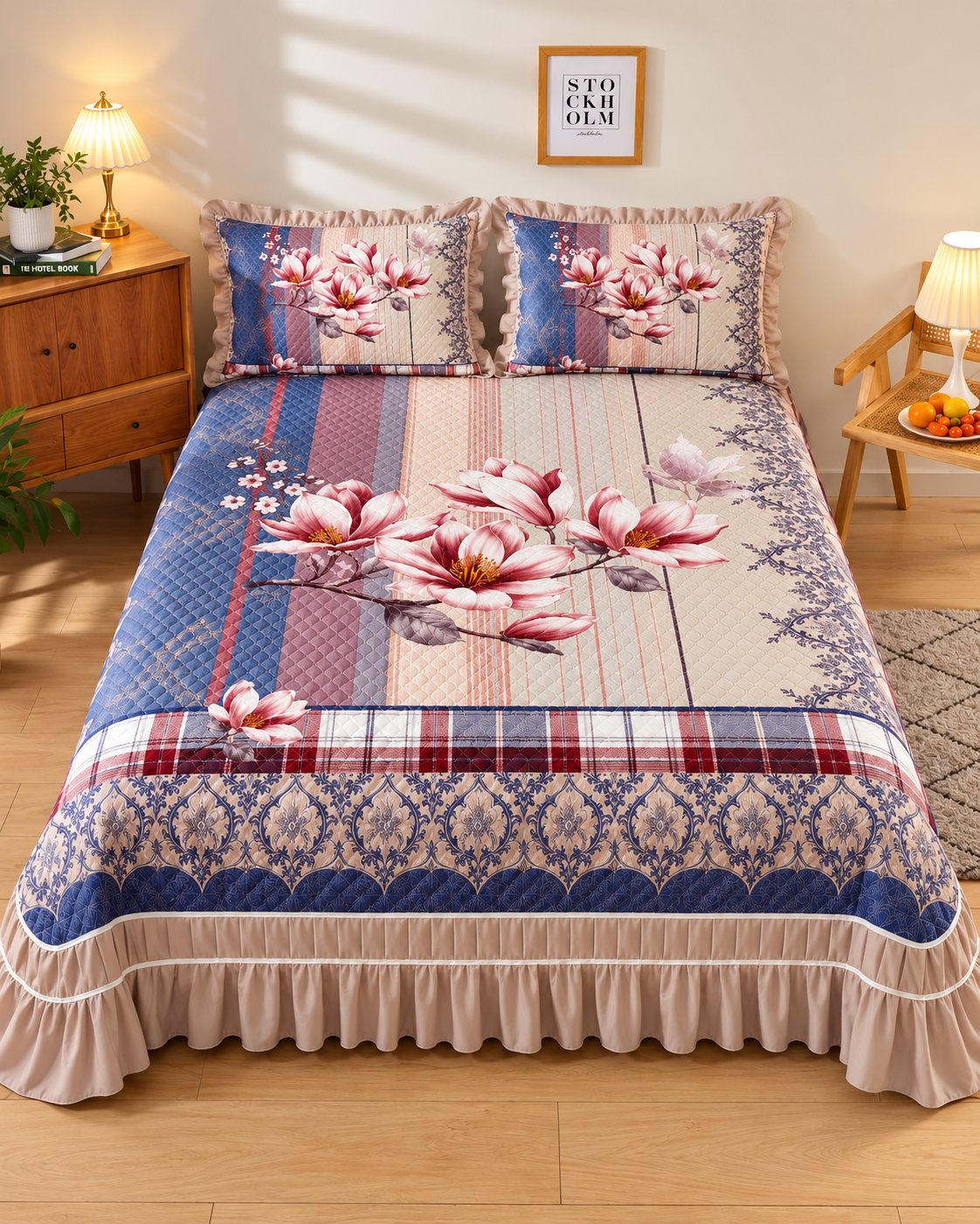 Blue & Blush Printed Bed Cover