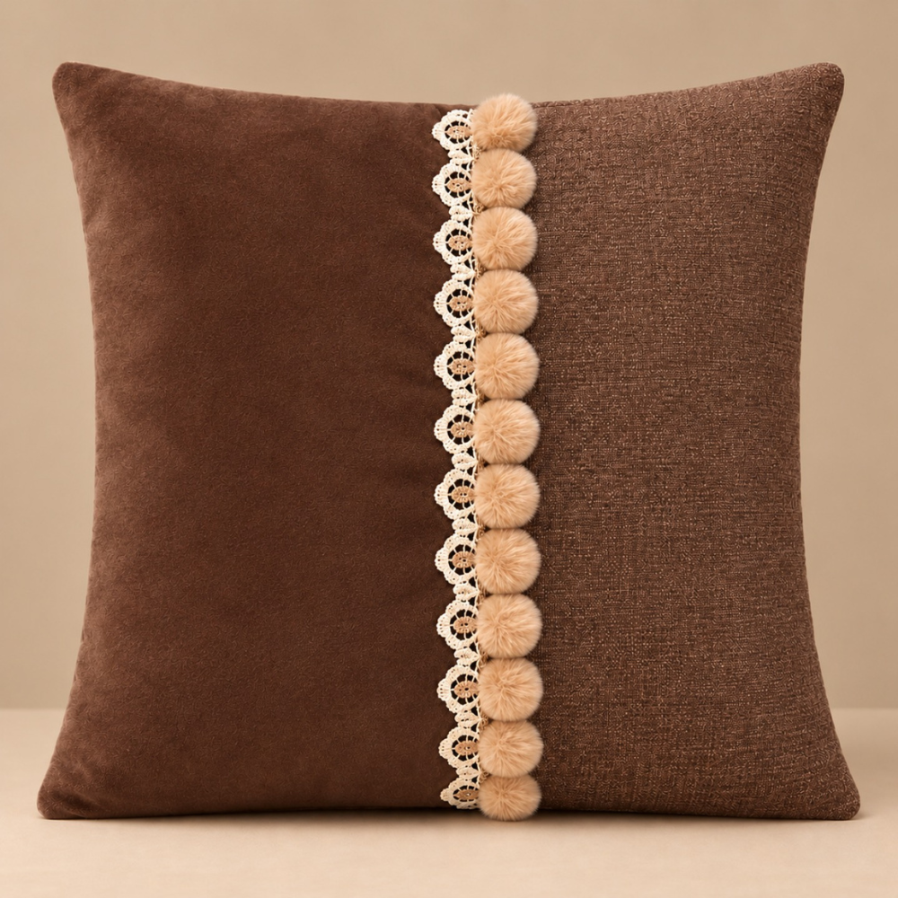 Pom-Pom Lace Trim Decorative Cushion Cover - Dark Brown thumbnail