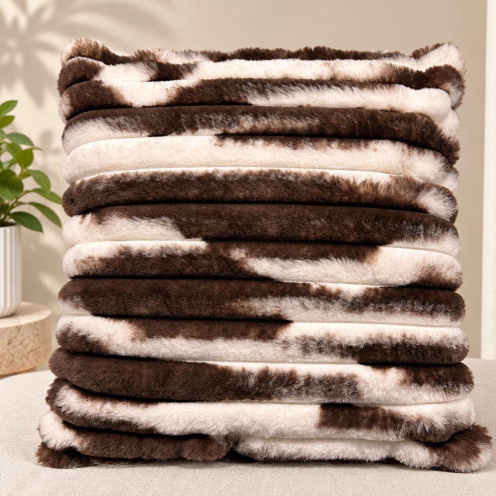 Luxury Plush Stripe Fur Cushion Cover - Brown & White thumbnail