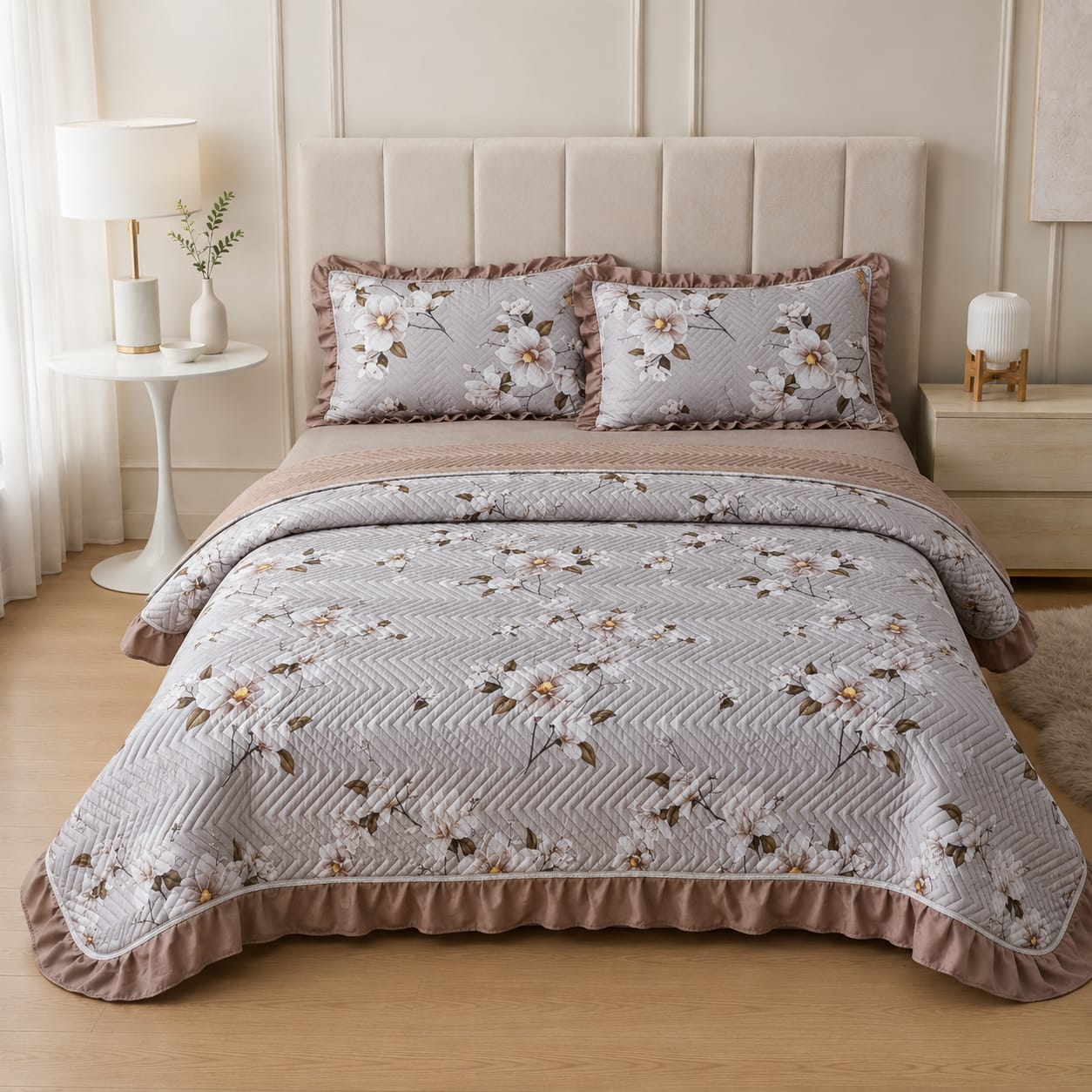 Pearl Grey Taupe Magnolia Quilted Ruffle Bed Cover Set