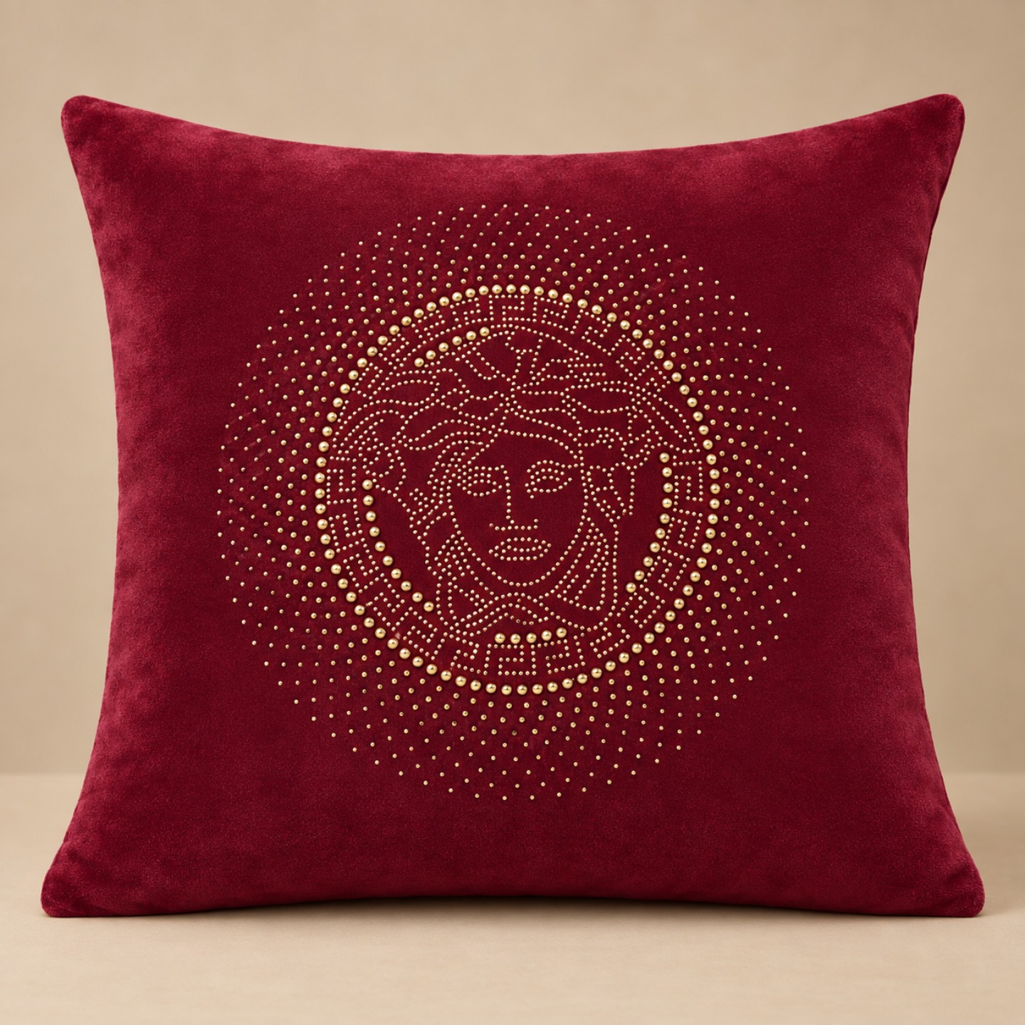 Luxury Medusa Stonework Velvet Cushion Cover - Ruby Red