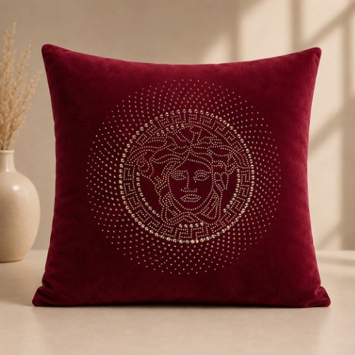 Luxury Medusa Stonework Velvet Cushion Cover - Maroon
