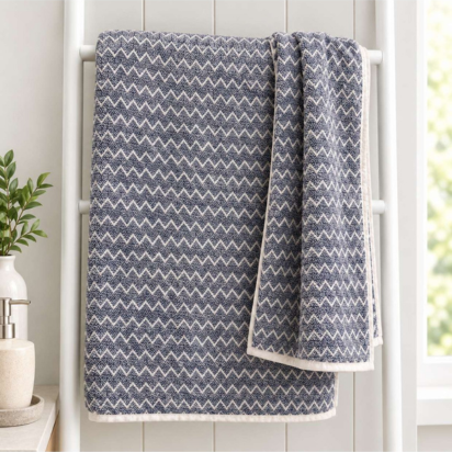 Premium Chevron Bath & Hand Towel Set – Slate Blue & White