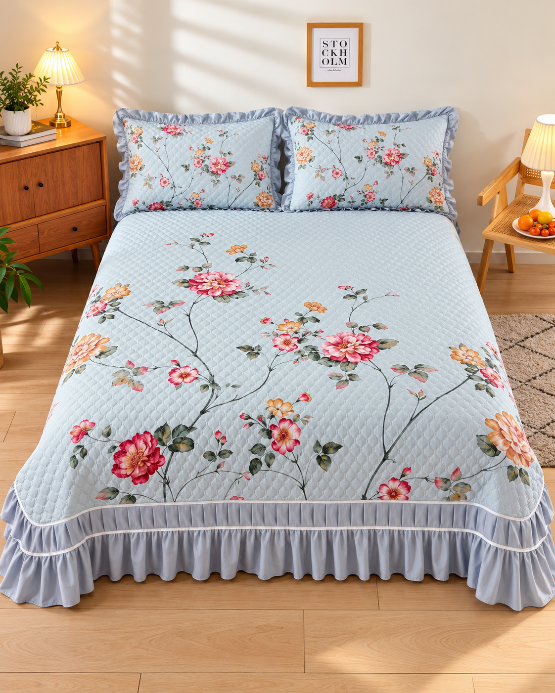 Light Blue Printed Bed Cover