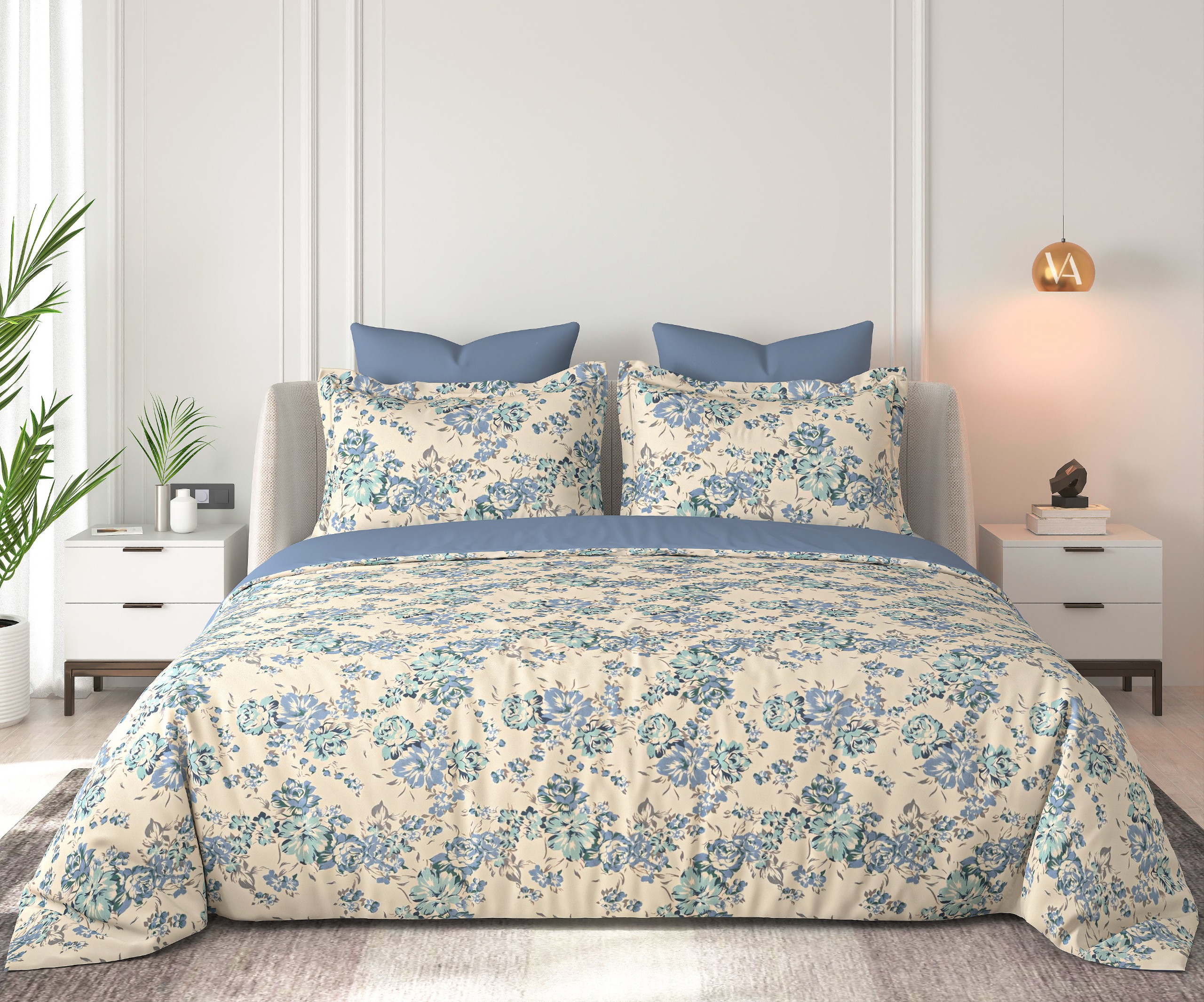 Floral Bliss Cream Blue Aqua Rose Cluster Cotton King-Size Bedsheet Set