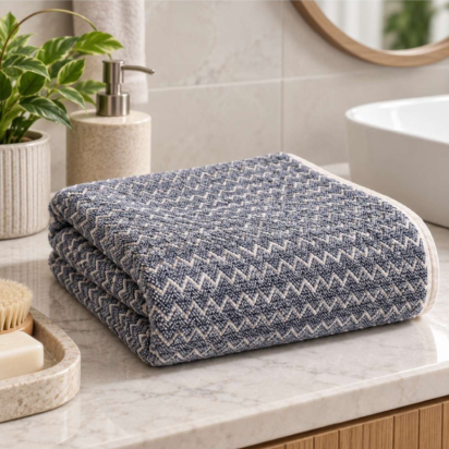 Premium Chevron Bath & Hand Towel Set – Slate Blue & White