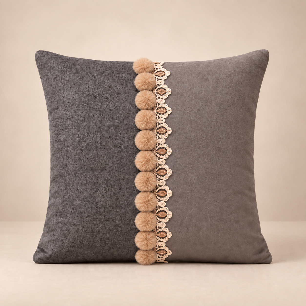 Pom-Pom Lace Trim Decorative Cushion Cover - Dark Grey & Grey thumbnail