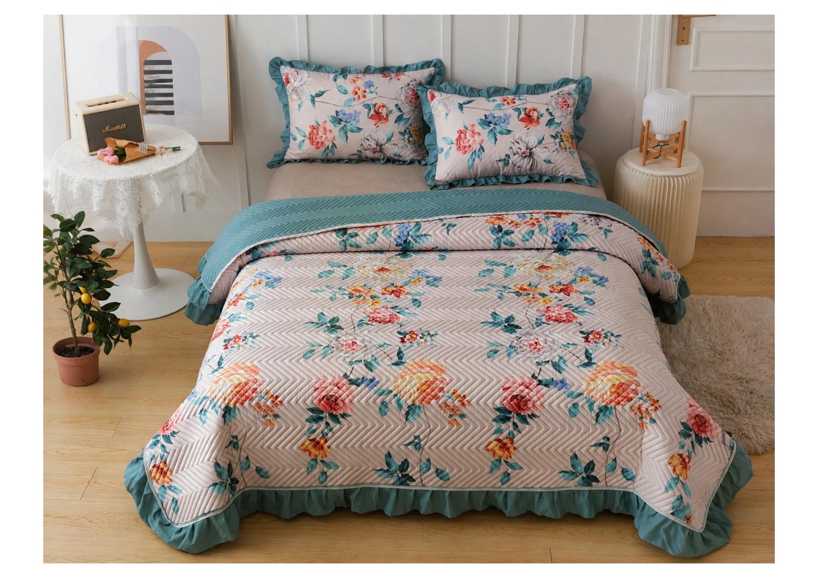 Viaan Collection Teal Rose Bed Cover Set